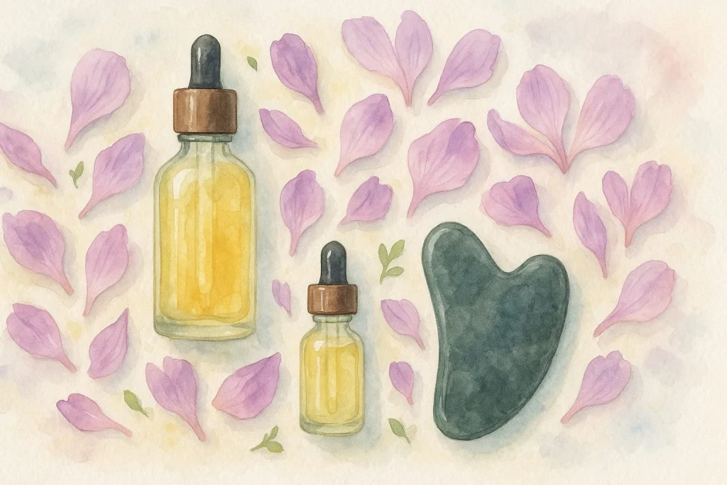 Et fladt lay med naturlige olier i glasflasker, blomsterblade og en Gua Sha sten arrangeret i harmonisk balance