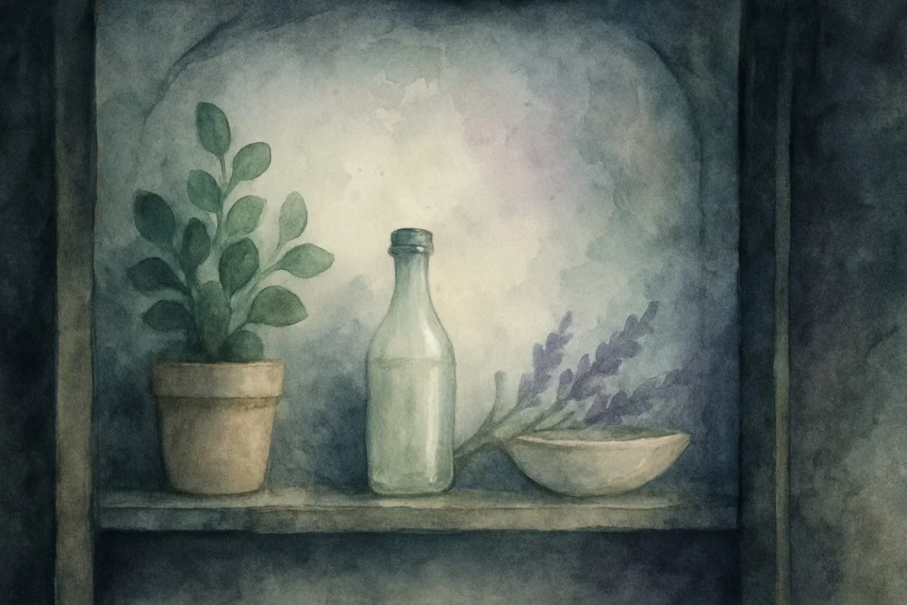 Et mørkt, køligt skabsmiljø med smukt diffust lys, naturlige farver og organiske elementer