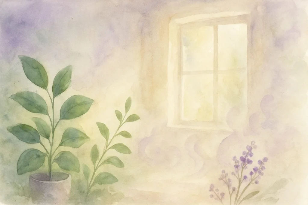 Et roligt, lyst rum med bløde, naturlige farver, hvor sollys falder ind gennem vinduet og skaber et fredfyldt miljø