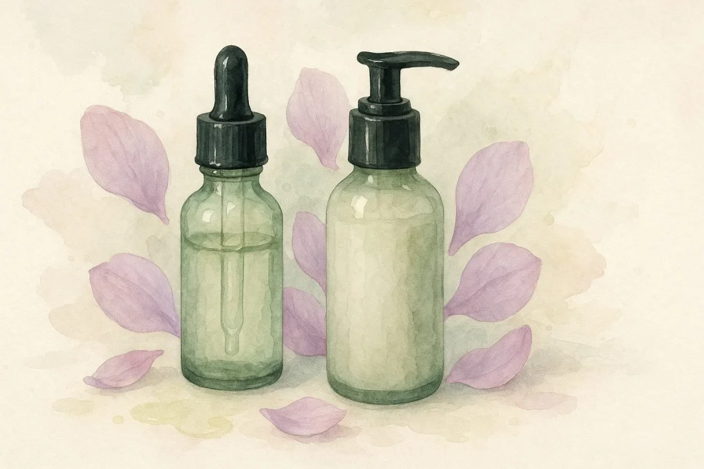 Et sæt hudplejeprodukter i glasflasker omgivet af blomsterblade