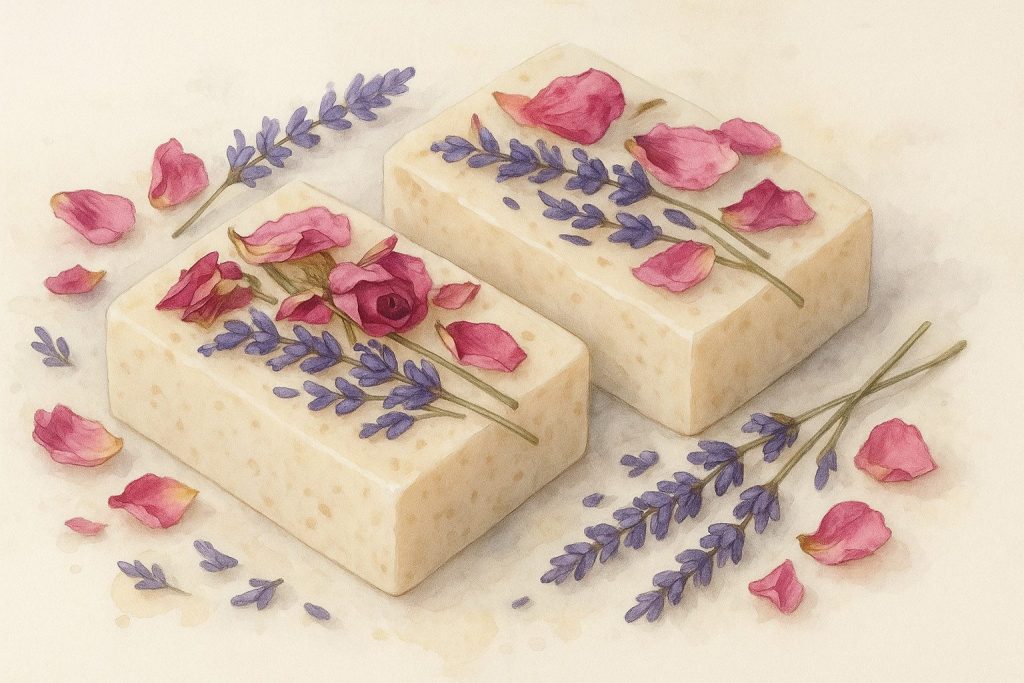 Håndlavede sæbestykker dekoreret med tørrede lavendelblomster og rosenblade