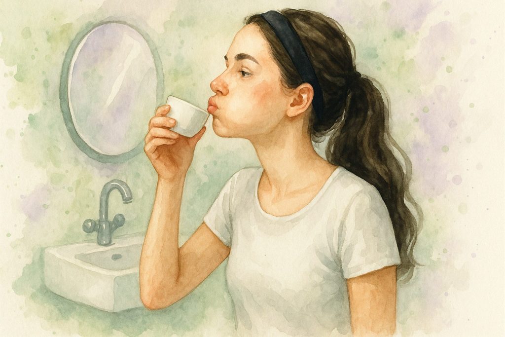 Kvinde der står og skylder munden i kokosolie på badeværrelset