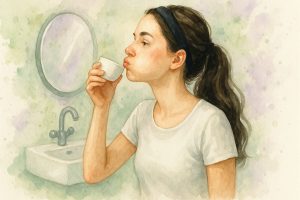 Kvinde der står og skylder munden i kokosolie på badeværrelset