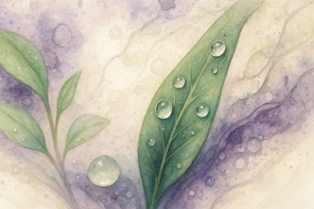 Makroinspireret naturbillede med dråber, blade og organisk struktur