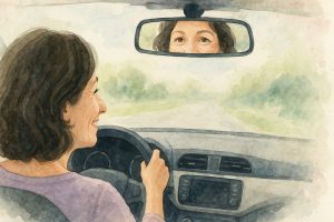 Middelaldrende kvinde med begyndende rynker, glad, kører i bil og ser sig selv i bakspejlet