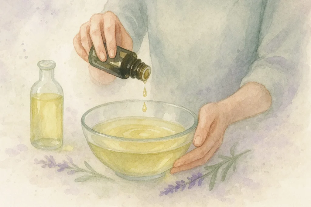 Person der langsomt hælder få dråber æterisk olie i en skål med base oil (mandelolie)