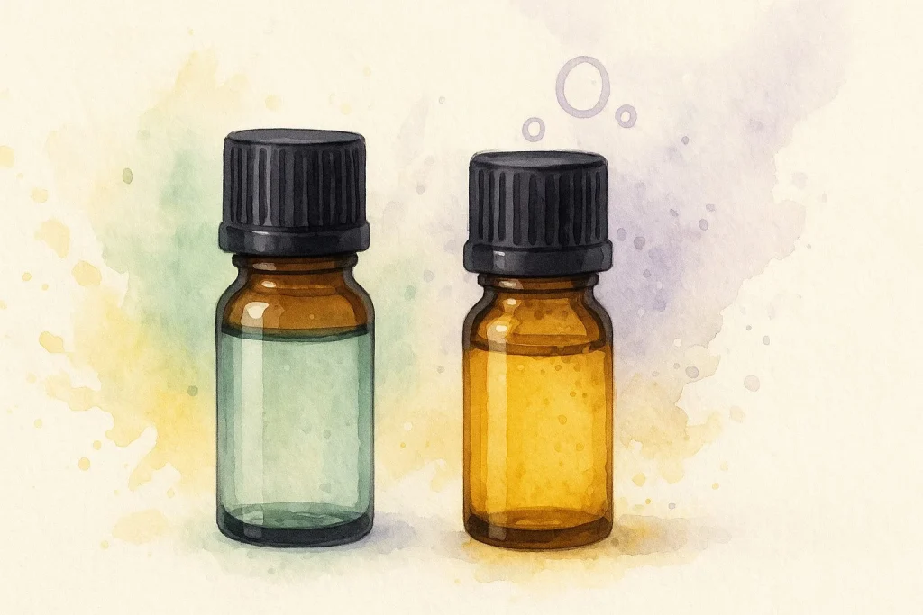 To æteriske olieflasker side om side én frisk og klar, én let gullig og tykkere i konsistens