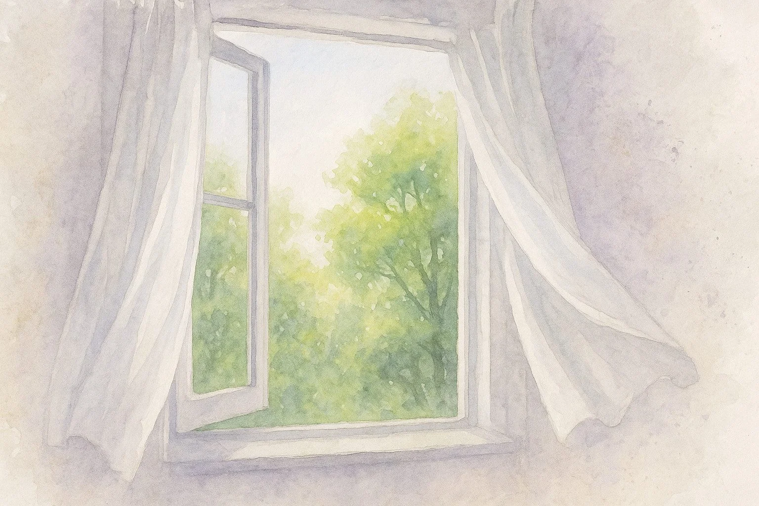 åbent vindue med gardiner, der blidt bevæger sig i brisen, udsigt til grønne træer og forårslys udenfor