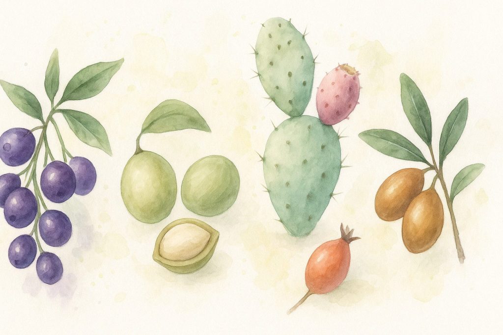 Acai, marula, cacay, figenkaktus, argan og hyben