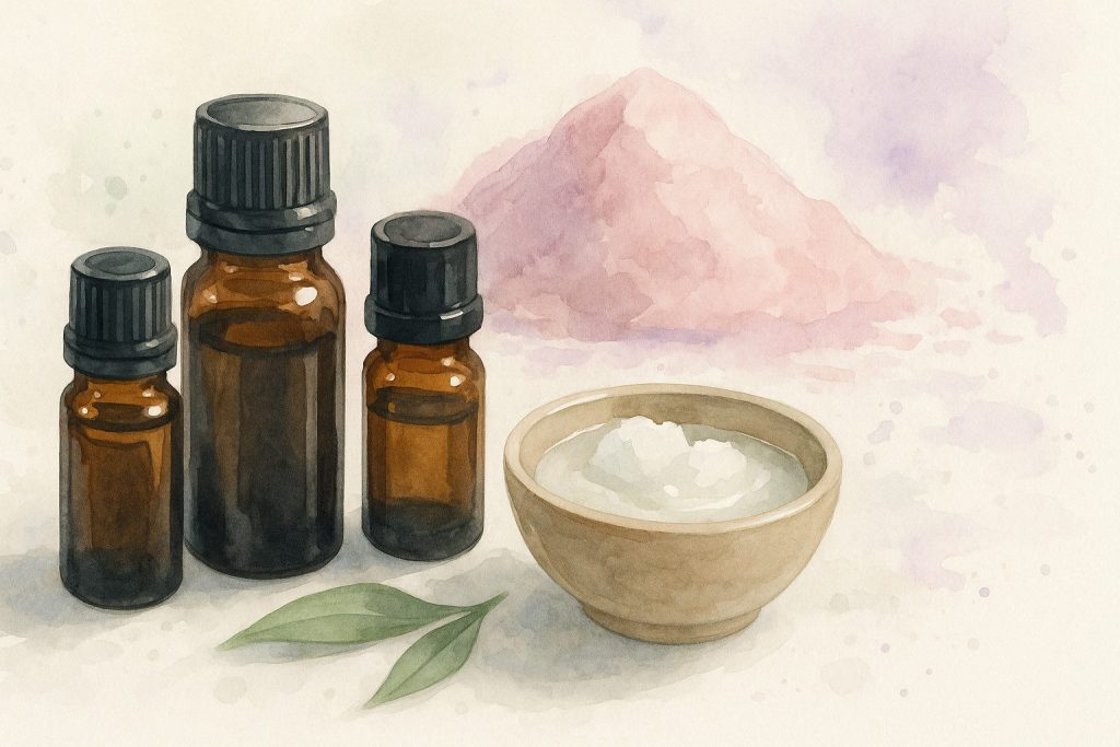 æteriske olier, en lille skål med smeltet kokosolie, pink ler i baggrunden