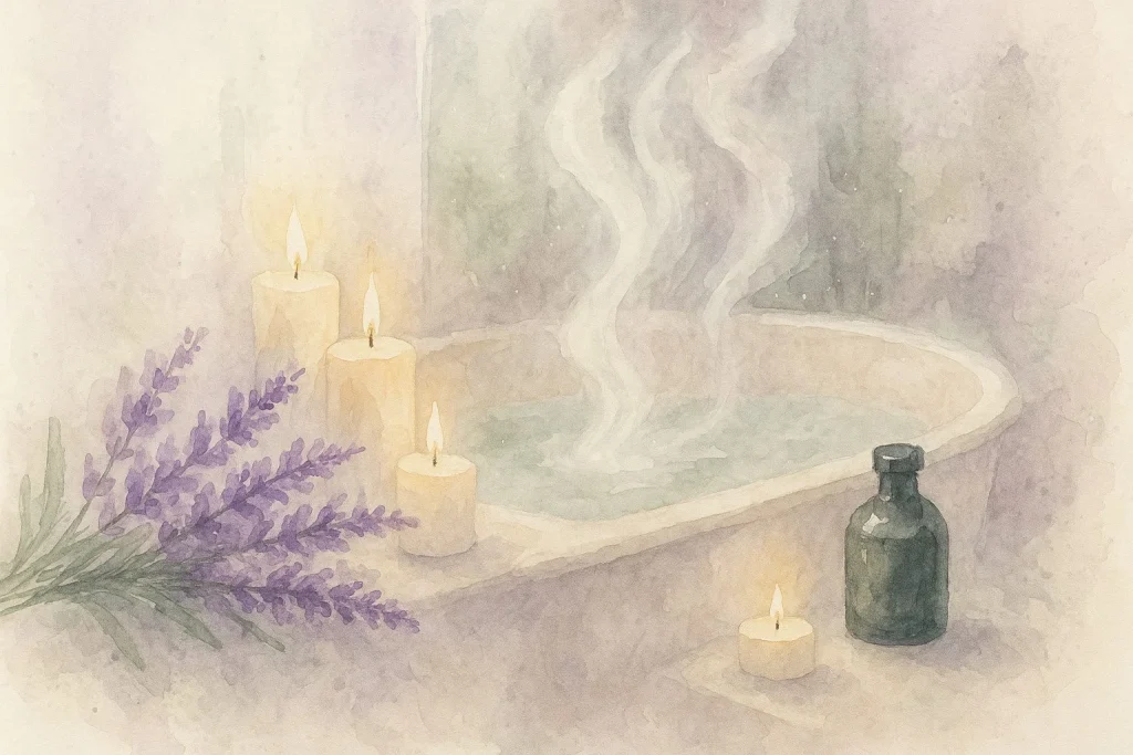 Afslapning og selvpleje i et bademiljø med lavendelblomster, stearinlys og varm damp