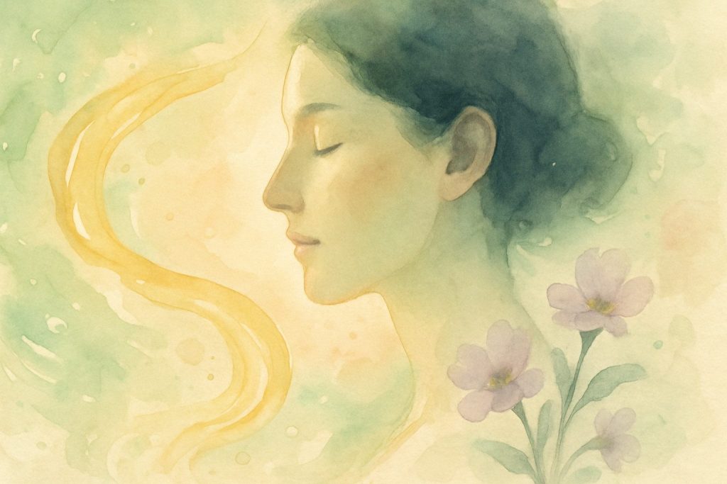 Ansigt i profil, badet i varmt lys, omgivet af grønne og gyldne toner