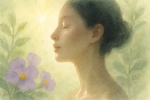 Ansigtssilhuet i soft focus, omgivet af naturlige elementer som sollys, blomster og bløde grønne nuancer