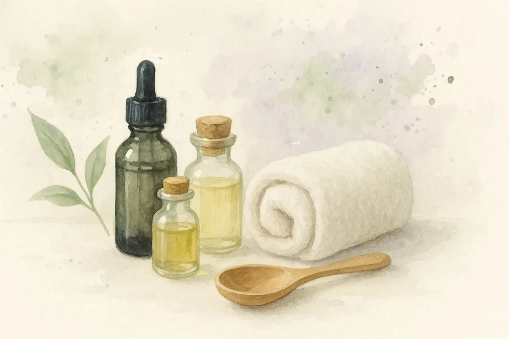 Badeværelsesmiljø med små glasbeholdere med olier, træske og håndklæde i naturlige farver