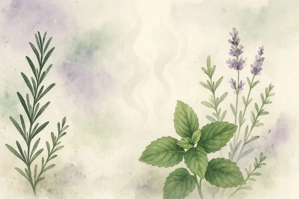 Bløde farveovergange, naturteksturer, urter og en diskret antydning af aromatisk damp i baggrunden