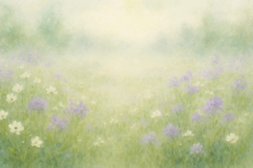 Blomstereng med let tåge om morgenen