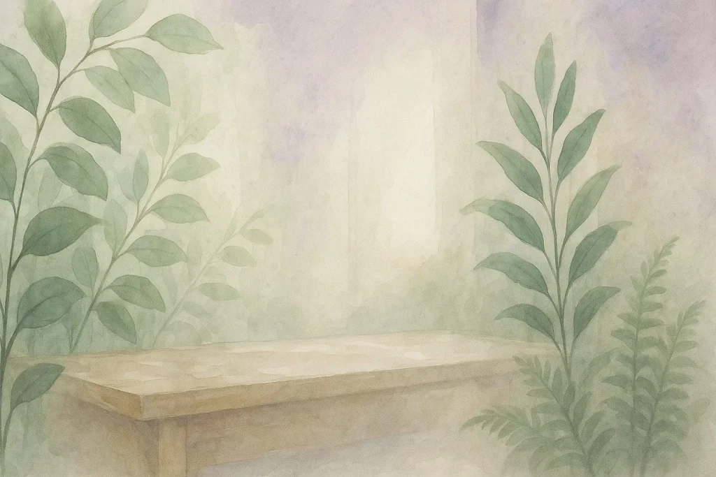 Botanisk scene med bløde farver, naturlige blade, træoverflader og lysindfald