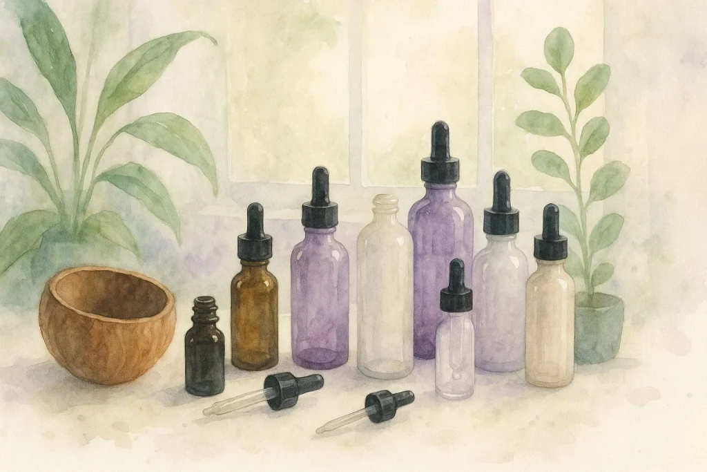 Brugte og tomme kosmetikflasker (olier) samt beholdere, pipetter og krus fra kokos, som er tomme, omgivet af planter i et roligt rum med lys fra et vindue