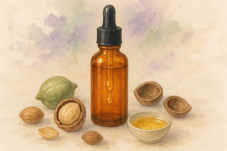 Cacay olie i flaske med nød og olie