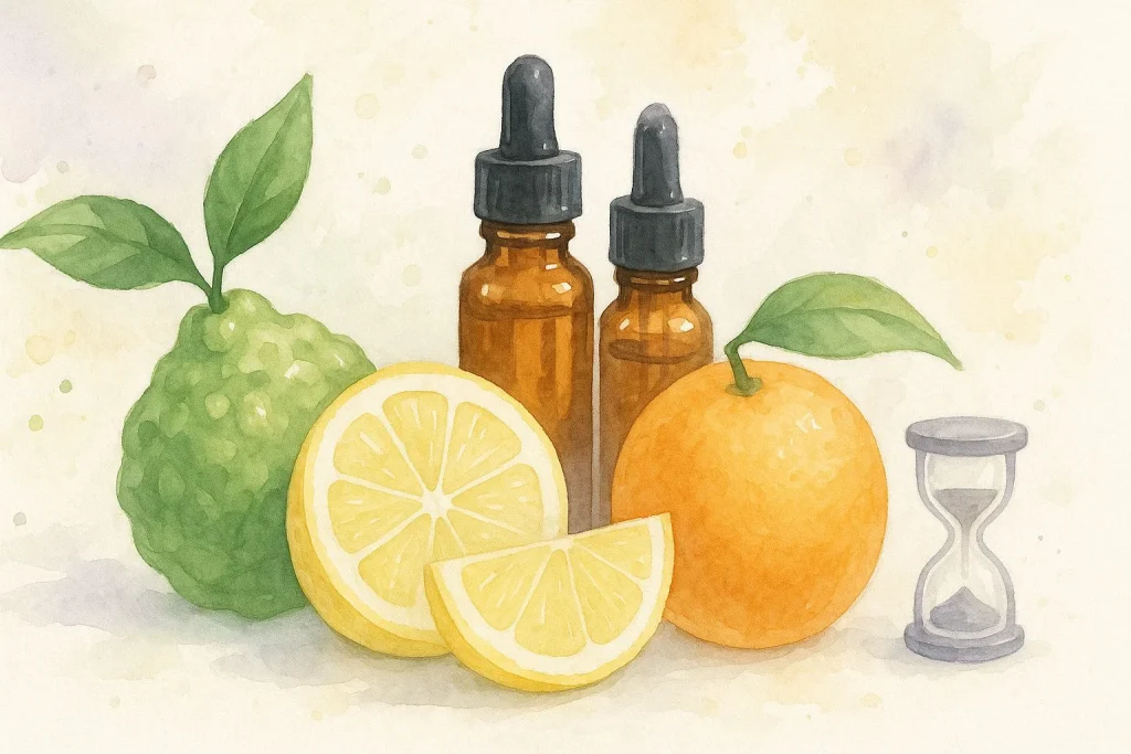 Citrusfrugter (bergamot, citron, appelsin) sammen med små amberflasker. En visuel markering af, at citrusolier oxiderer hurtigere