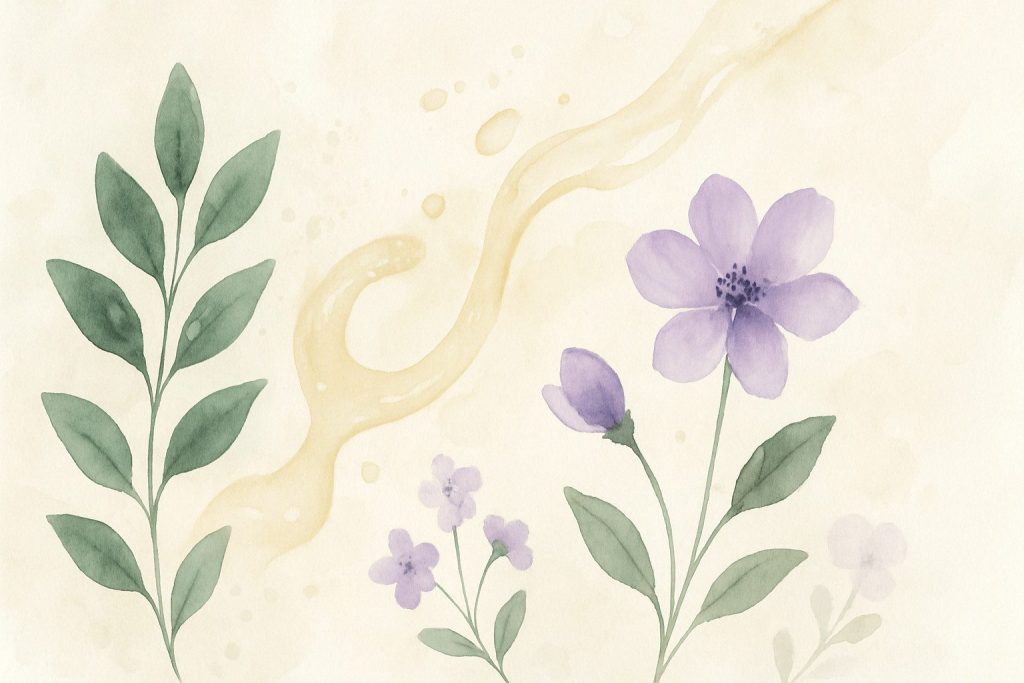 Cremefarvet baggrund med lette olie splash teksturer og botaniske elementer