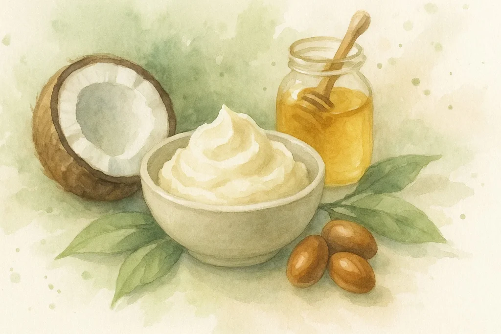Cremet shea butter omgivet af naturlige ingredienser som kokos, honning og arganfrugter