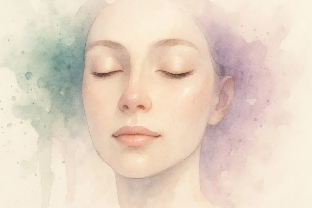 Drømmende billede af et ansigt i ro med lukkede øjne, let olieglans og varme naturlige toner