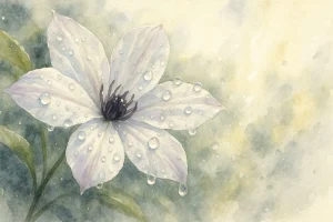 Dugvåde blomsterblade og fine dråber i morgensolens indirekte lys