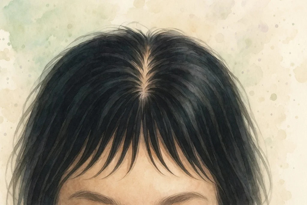 En hovedbund med sundt, tæt hår og en ren, spa inspireret stemning