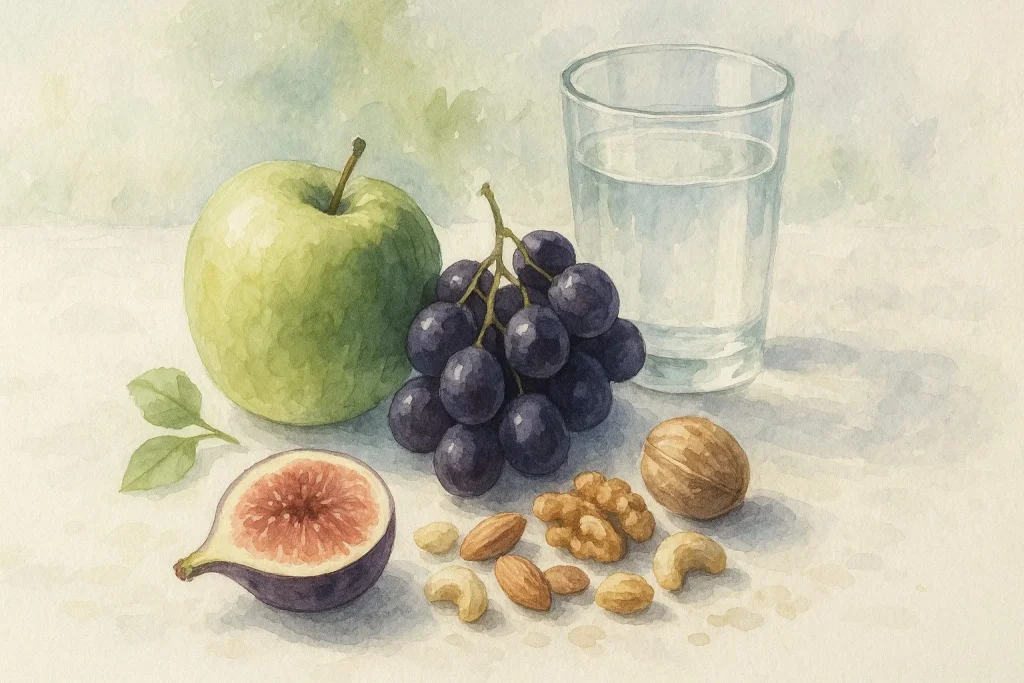 Frugt, nødder, og et glas vand på et lyst bord