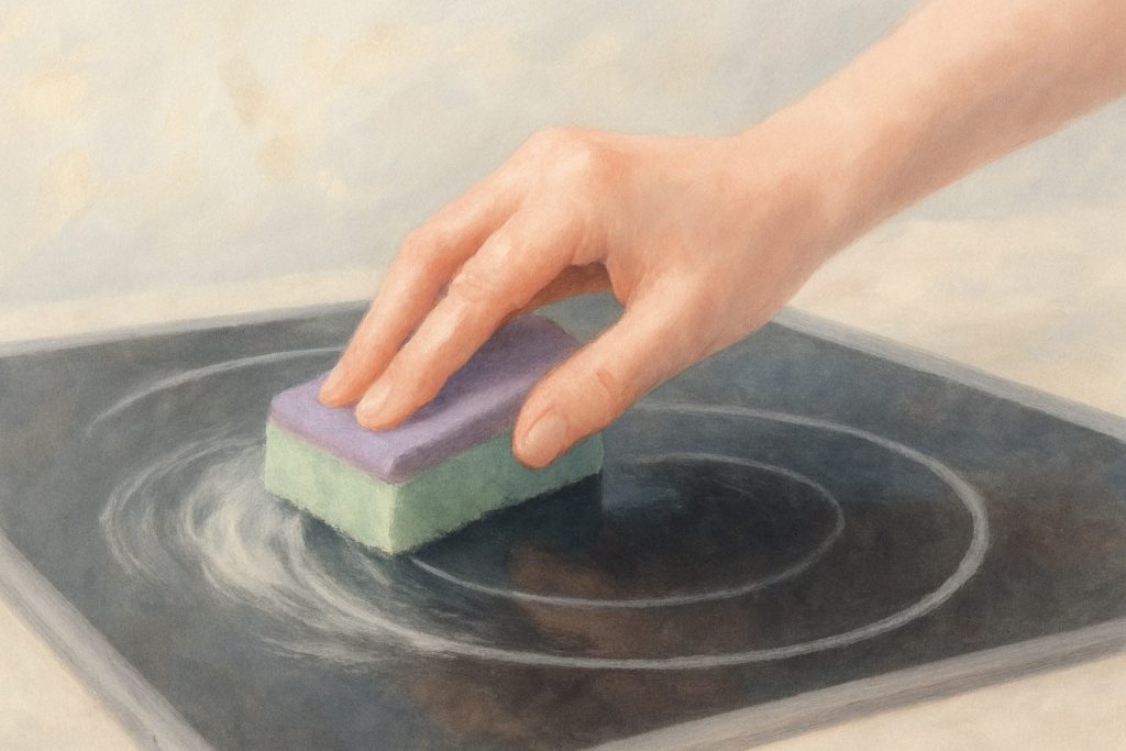 Hånd med svamp i bevægelse på en glaskeramisk kogeplade