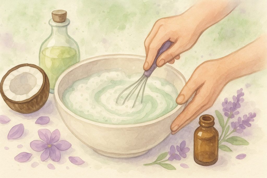 Hænder i gang med at blande sæbe i en skål, omgivet af kokosolie, æteriske olier og blomsterblade