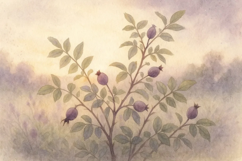 Hybenbusk oplyst af varm solnedgang