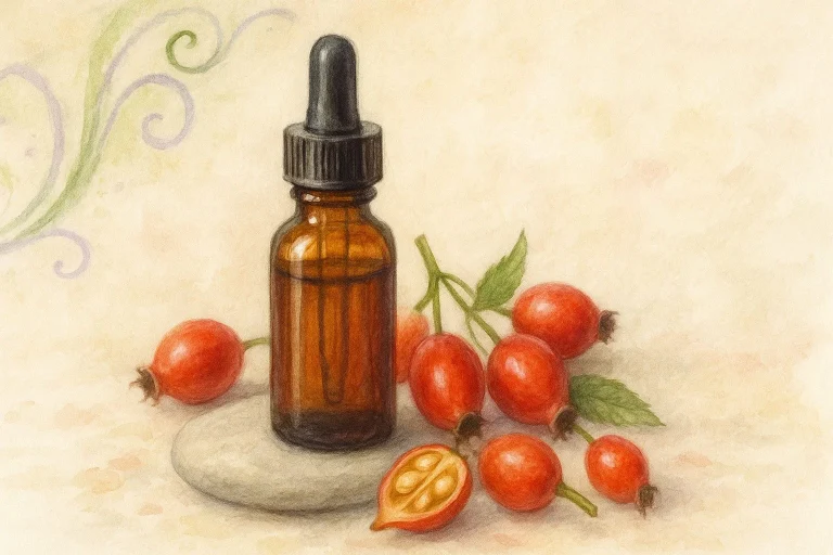 Hybenkerneolie omgivet af hyben