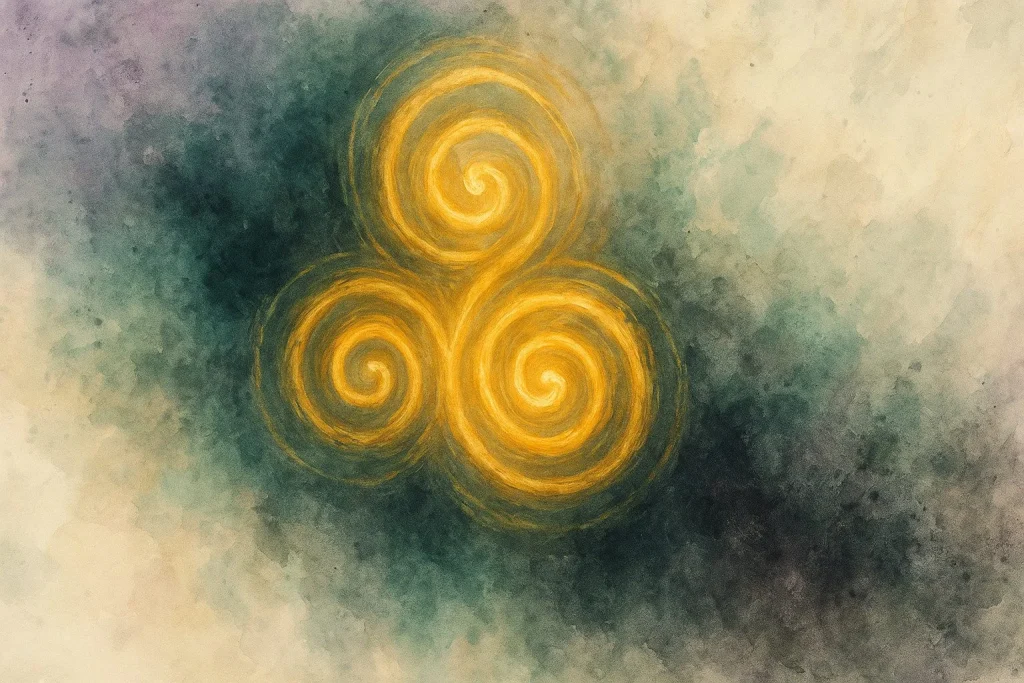 Kunstnerisk motiv med glødende gyldne cirkler eller spiraler, der repræsenterer personlig kraft og balance i solar plexus området