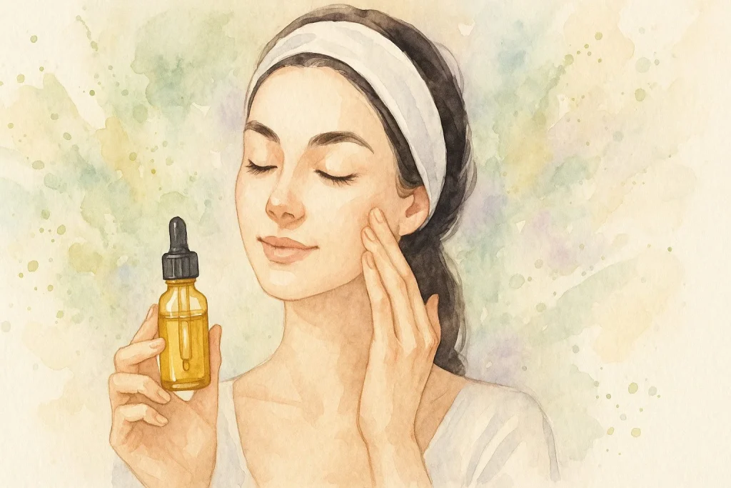 Kvinde der antyder hvordan du påfører olie til huden i ansigtet