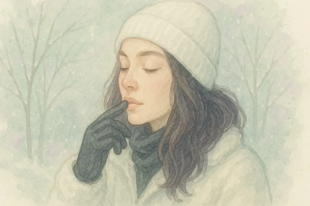 Kvinde der i vinteromgivelser påtænker at læberne er tørre