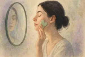 Kvinde, der udfører Gua Sha foran et spejl i dæmpet aftensol