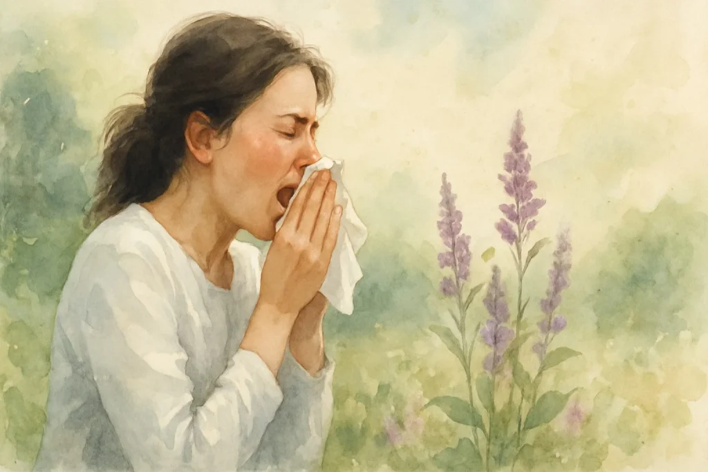 Kvinde i naturen der nyser omgivet af natur