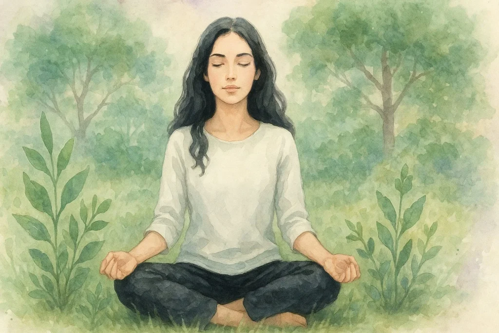 Kvinde i skrædderstilling med lukkede øjne, skaber stille indre ro, omgivet af planter, natur og græs og træer