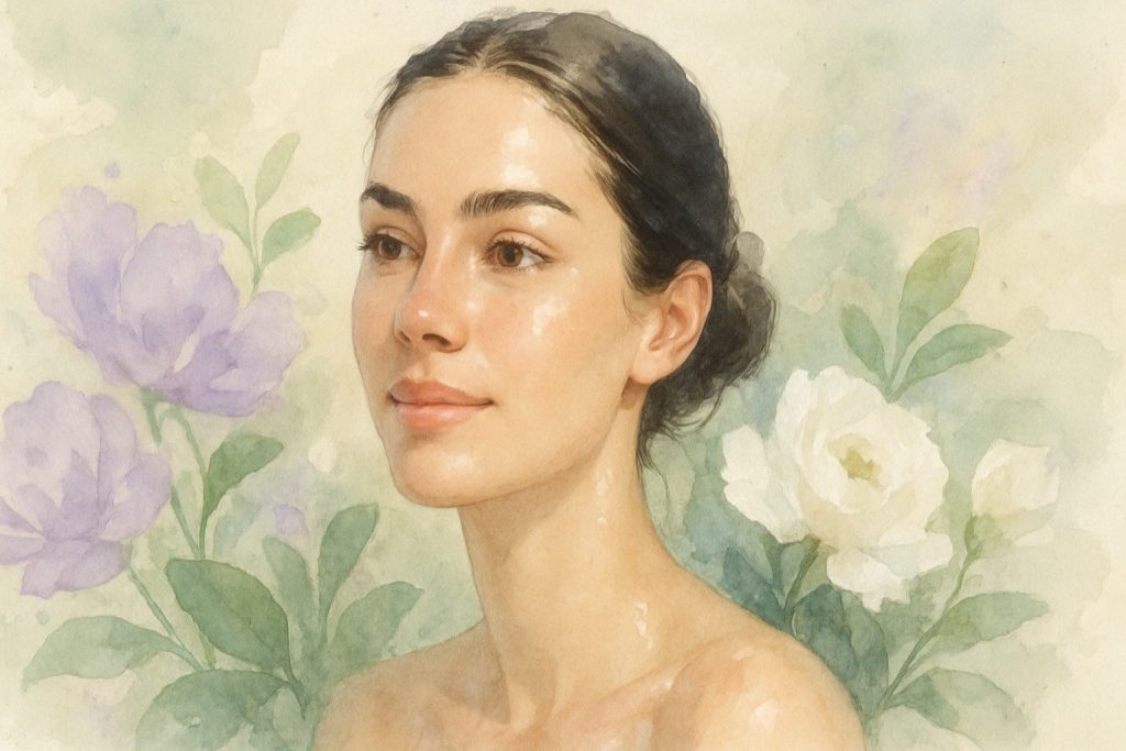 Kvinde med strålende, fugtig hud omgivet af bløde blomster