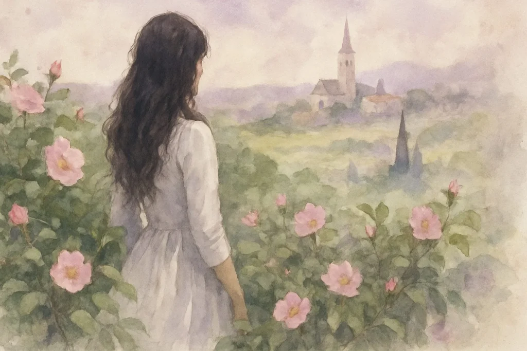 Kvinde omgivet af hyben i den vilde natur med en fransk provins i baggrunden