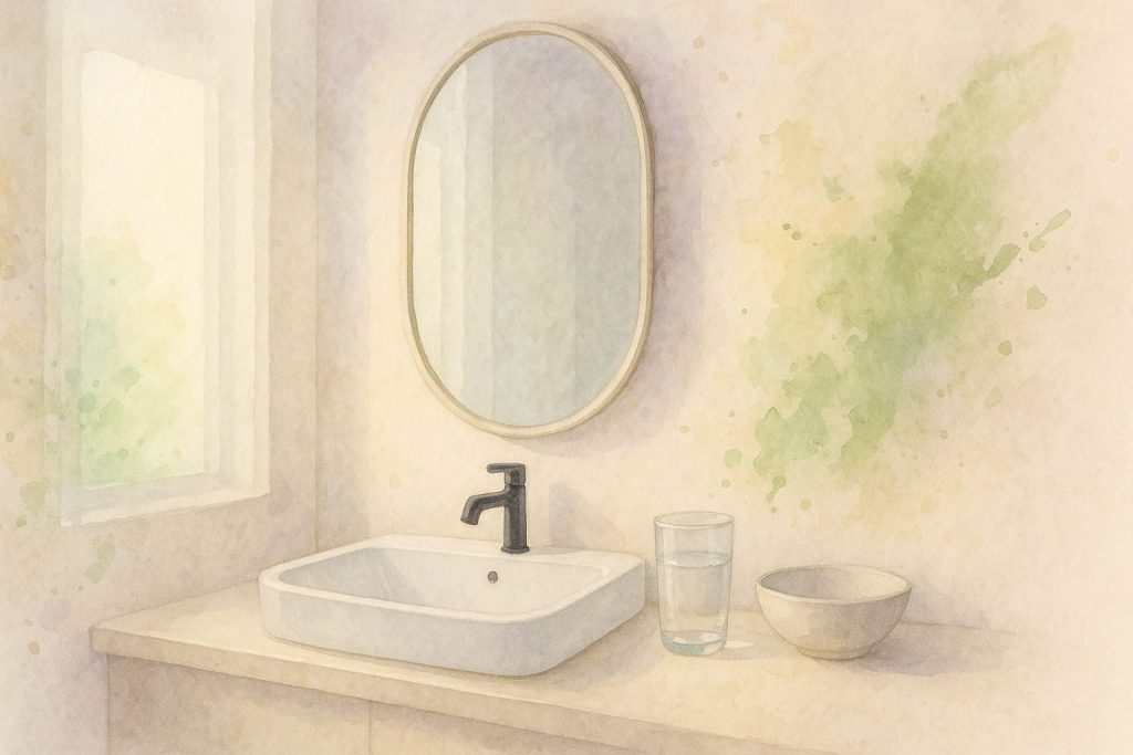 Lyst badeværelse ved morgengry, vask med spejl i diffust dagslys, glas med lunkent vand på bordpladen