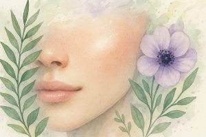 Makrofoto af hud med naturlig glød, omgivet af botaniske elementer og bløde farver