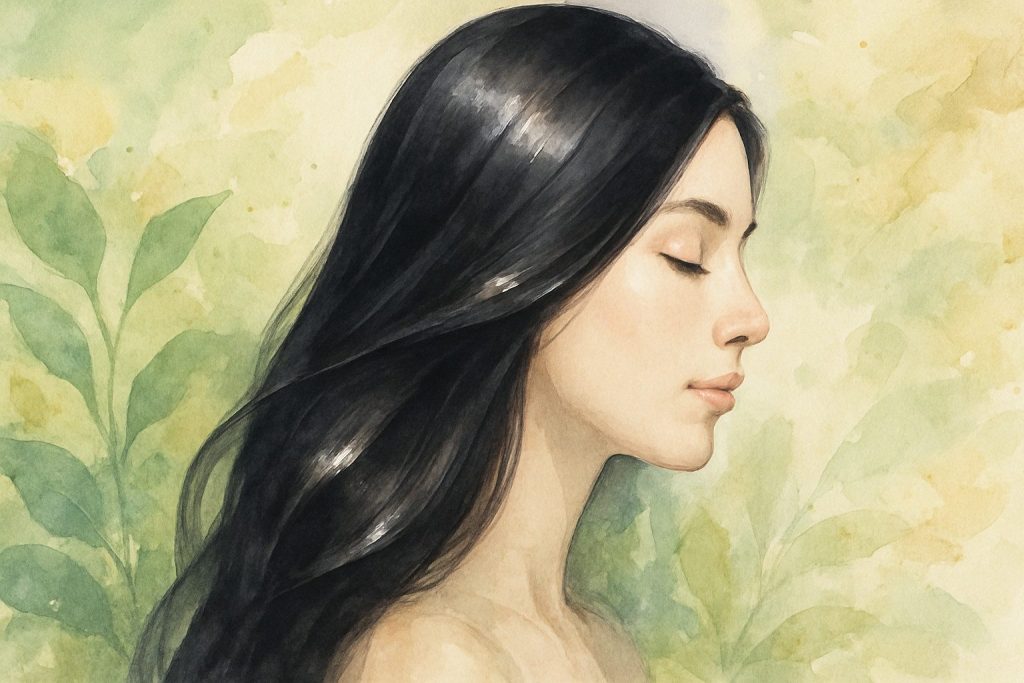 Nærbillede af glansfuldt hår på en kvinde