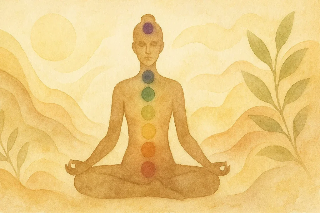 Naturinspireret billede med bløde, flydende former i gul, beige og varme jordfarver, der illustrerer chakra harmoni og indre styrke