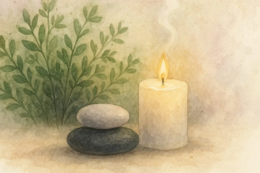 Naturlig atmosfære med varm belysning, let røgdis af duft i luften