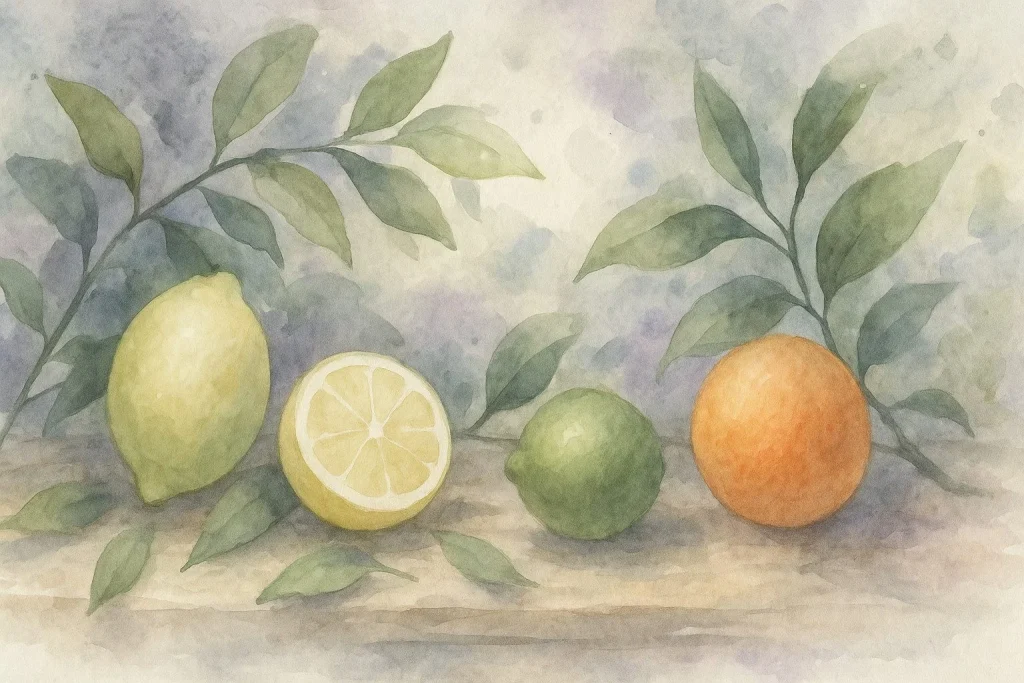 Naturlige citrusfrugter i et dæmpet, organisk miljø