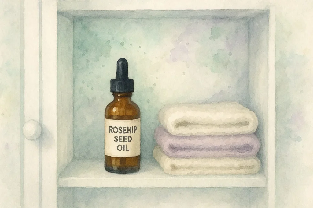 Opbevaring af hybenkerneolie på badeværelset inde i et skab