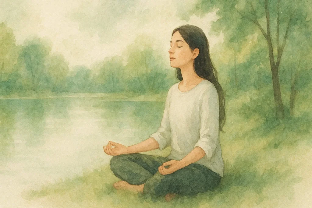 Person, der sidder ved en sø eller i en skov og trækker vejret roligt